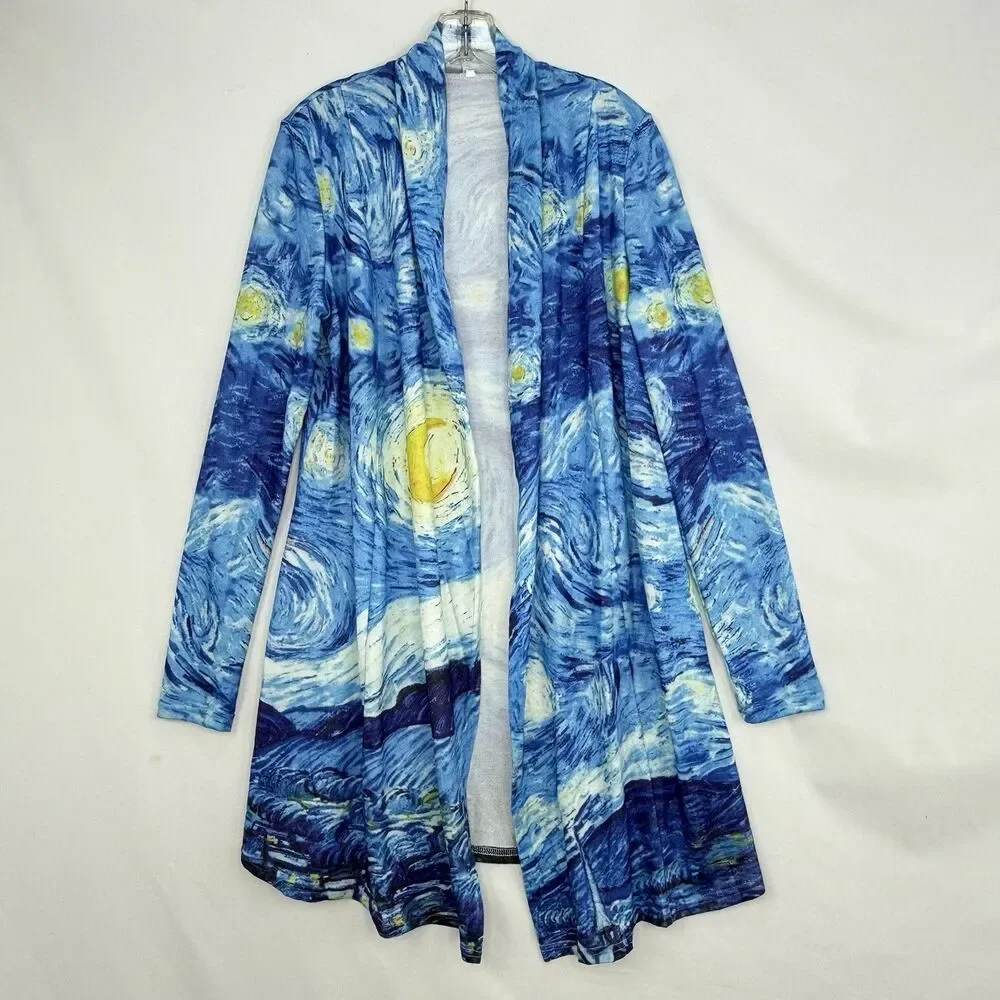 Starry Night Print Open Front Cardigan Women Size M Blue Art Knit